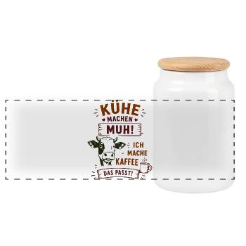 Kühe Muh Kaffee – Das Passt! - Panorama Keksdose mit Holzdeckel - Weiß - Vorne