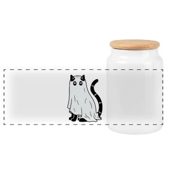 Halloween Katze Gespenst - Panorama Keksdose mit Holzdeckel - Weiß - Vorne