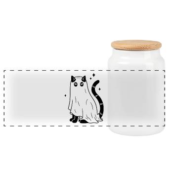 Halloween Katze Gespenst - SW mit Sternen - Panorama Keksdose mit Holzdeckel - Weiß - Vorne