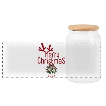 Merry Christmas 2026 mit Geweih und Mistelzweig - Panorama Keksdose mit Holzdeckel - Weiß - Vorne