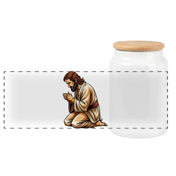 Jesus kniend und betend - Panorama Keksdose mit Holzdeckel - Weiß - Vorne
