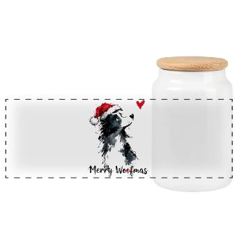 Border Collie Weihnachtsmütze Merry Woofmas Herz - Panorama Keksdose mit Holzdeckel - Weiß - Vorne