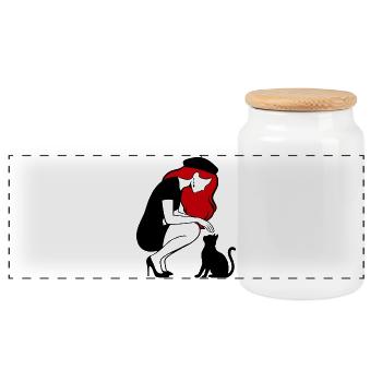 donna_con_capelli_rossi_basco_e_gatto_nero - Panorama Keksdose mit Holzdeckel - Weiß - Vorne