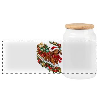 Dackel Weihnachtsgeschenkschlitten - Panorama Keksdose mit Holzdeckel - Weiß - Vorne