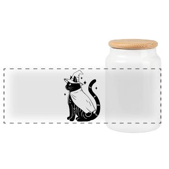 Magische Halloween Katze als Hexe - SW - Panorama Keksdose mit Holzdeckel - Weiß - Vorne