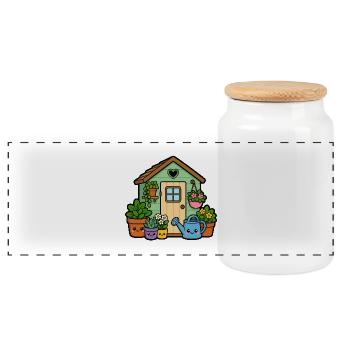 Kleines Gartenhäuschen mit Pflanzen - Panorama Keksdose mit Holzdeckel - Weiß - Vorne