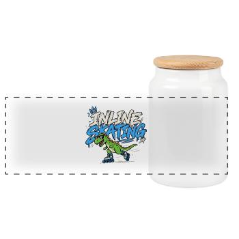 Inline Skating Dino auf Inlinern - Panorama Keksdose mit Holzdeckel - Weiß - Vorne