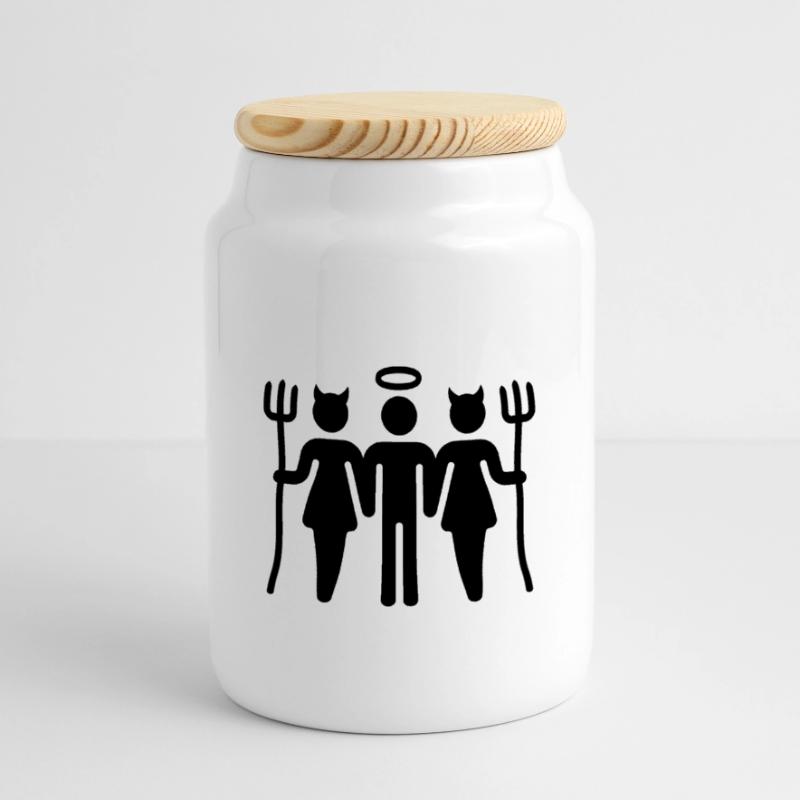 Devil-Cherub-Devil / Teufel-Engel-Teufel (M) Panoramic Cookie Jar with Wooden Lid