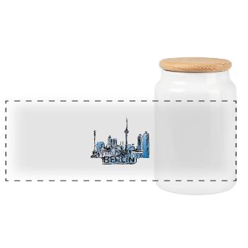 Berlin gezeichnet mit Schriftzug - Panorama Keksdose mit Holzdeckel - Weiß - Vorne