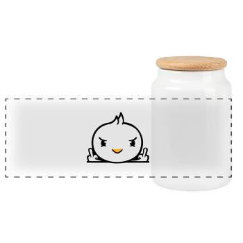 Bird evil middle finger showing bad boy behind fence - Panoramic Cookie Jar with Wooden Lid - white - Front