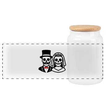 Wedding Skeleton Bride Groom Couple - Panoramic Cookie Jar with Wooden Lid - white - Front