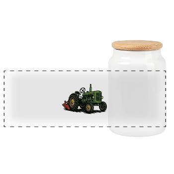 Green tractor in the light of agriculture - Panoramic Cookie Jar with Wooden Lid - white - Front