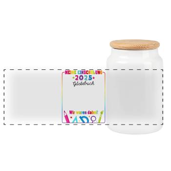 Einschulung 2025 Schulkind Gästebuch Geschenk - Panorama Keksdose mit Holzdeckel - Weiß - Vorne