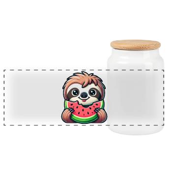 Sloth, Summer Fruit, Melon - Panoramic Cookie Jar with Wooden Lid - white - Front