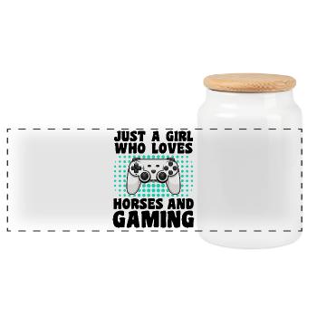 Gamer and Horses: Video Games and Equestrian Passion - Panoramic Cookie Jar with Wooden Lid - white - Front