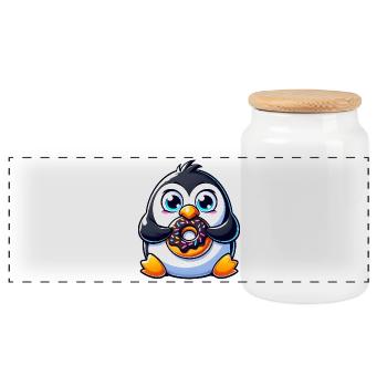 Pinguin Cartoon Dick Süssigkeit Süß Donut - Panorama Keksdose mit Holzdeckel - Weiß - Vorne