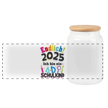 Schulkind 2025 Erstklässler Einschulung Geschenk - Panorama Keksdose mit Holzdeckel - Weiß - Vorne