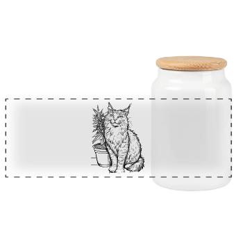 Cat with Cannabis Plant Relaxed House Tiger - Panoramic Cookie Jar with Wooden Lid - white - Front