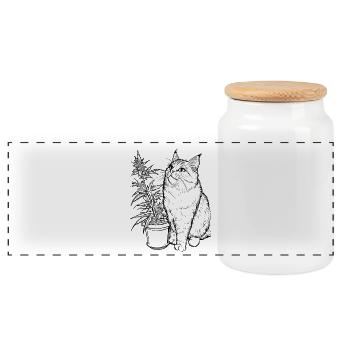 Cat with Cannabis Plant: House Tiger with Hemp - Panoramic Cookie Jar with Wooden Lid - white - Front