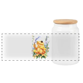 Golden Frog with Joint and Flowers - Weed Frog - Panoramic Cookie Jar with Wooden Lid - white - Front