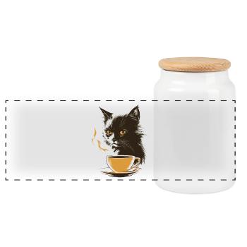 Cat with yellow coffee cup and steaming coffee - Panoramic Cookie Jar with Wooden Lid - white - Front