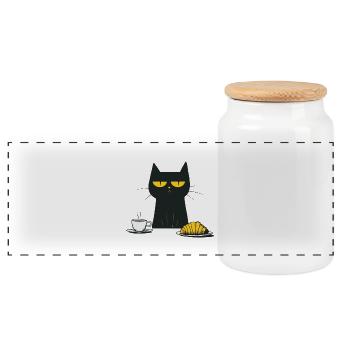 Chat avec café et croissant - Boîte à biscuits avec couvercle en bois - blanc - Devant