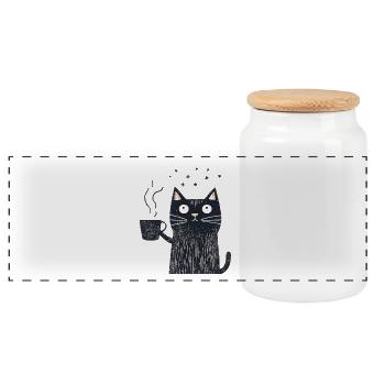 Whimsical Cat with Coffee - Vintage Coffee Cat - Panoramic Cookie Jar with Wooden Lid - white - Front