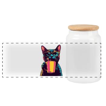 Retro Katze mit Brille & Kaffee - Panorama Keksdose mit Holzdeckel - Weiß - Vorne