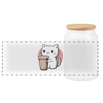 Chibi: Cute Kawaii Cat with Coffee Mug - Panoramic Cookie Jar with Wooden Lid - white - Front