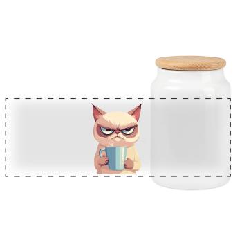 Grumpy-Stil: Grantige Katze mit Kaffee - Panorama Keksdose mit Holzdeckel - Weiß - Vorne