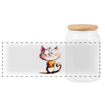 Chat joyeux avec du café - Style dessin animé - Boîte à biscuits avec couvercle en bois - blanc - Devant