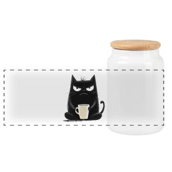 Chat avec du café - Style dessin animé - Boîte à biscuits avec couvercle en bois - blanc - Devant