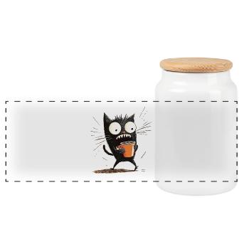 Chat choqué avec du café - Style dessin animé - Boîte à biscuits avec couvercle en bois - blanc - Devant