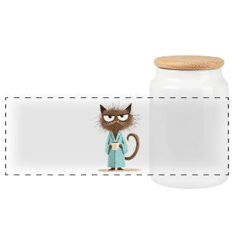 Chat du matin avec café en peignoir - Boîte à biscuits avec couvercle en bois - blanc - Devant
