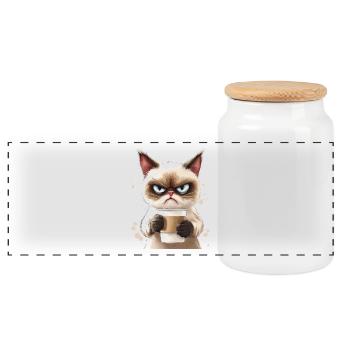 Grumpy Katze mit Kaffee - Morgenmuffel - Panorama Keksdose mit Holzdeckel - Weiß - Vorne