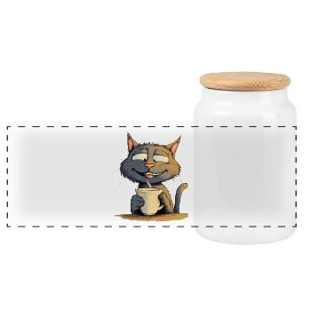 Zufriedene Katze mit Kaffee - Comic-Stil - Panorama Keksdose mit Holzdeckel - Weiß - Vorne
