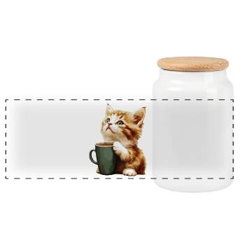 Cute kitten with coffee cup - Panoramic Cookie Jar with Wooden Lid - white - Front