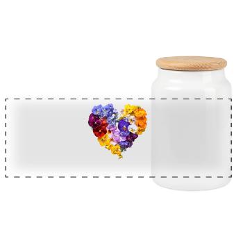 Heart of Pansies - Colorful Blossom Speech - Panoramic Cookie Jar with Wooden Lid - white - Front