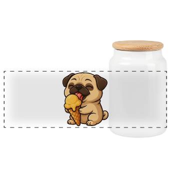 Cheerful Pug with Cream Summer Cartoon - Panoramic Cookie Jar with Wooden Lid - white - Front