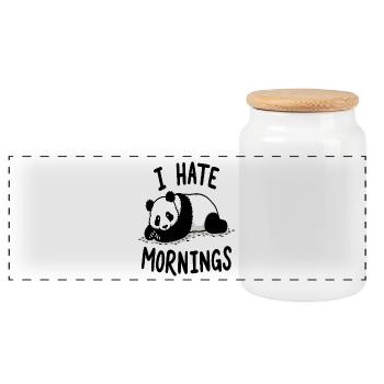 Panda I Hate Mornings Saying - Panoramic Cookie Jar with Wooden Lid - white - Front