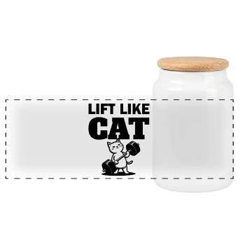 Lift Like Cat - Fitness Cat - Panoramic Cookie Jar with Wooden Lid - white - Front