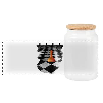 Orange Pawn on Black and White Chessboard - Panoramic Cookie Jar with Wooden Lid - white - Front