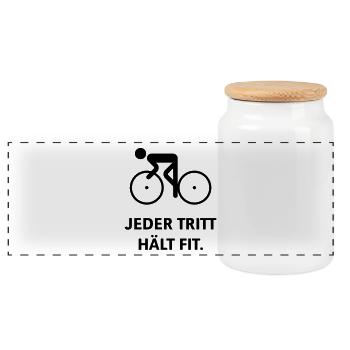 Jeder Tritt Hält Fit. (Fahrrad Fahren) - Panorama Keksdose mit Holzdeckel - Weiß - Vorne