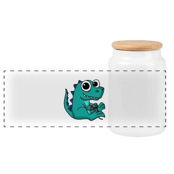 Gaming Dinosaur Sweet Gamer Nerd Animal Dear - Panoramic Cookie Jar with Wooden Lid - white - Front
