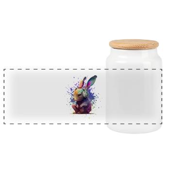 Colorful rabbit with headphones - Panoramic Cookie Jar with Wooden Lid - white - Front