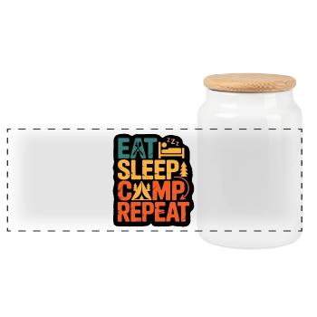 Eat Sleep Camp Repeat – Outdoor Adventure Design - Panoramic Cookie Jar with Wooden Lid - white - Front