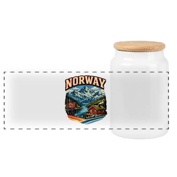 Norway Fjord Mountain Lodge Design - Panoramic Cookie Jar with Wooden Lid - white - Front