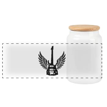 Guitar with Wings Design - Panoramic Cookie Jar with Wooden Lid - white - Front