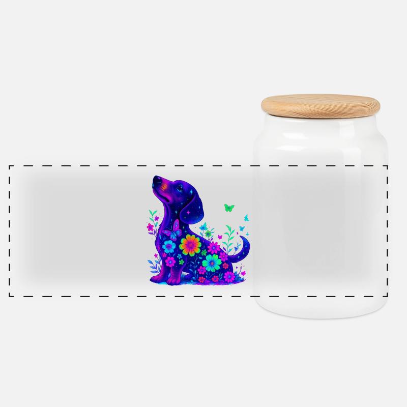 Chiot-teckel chien dans la forêt de néons - Boîte à biscuits avec couvercle en bois - blanc