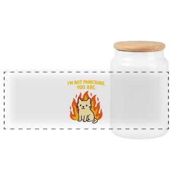 Funny Cat in Chaos -I'm Not Panicking, You Are - Panoramic Cookie Jar with Wooden Lid - white - Front